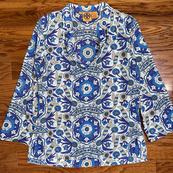 Tory Burch Stephanie Blue Alhambra Cotton Sequin Embellished Tunic Top Size 8 - Picture 8 of 16